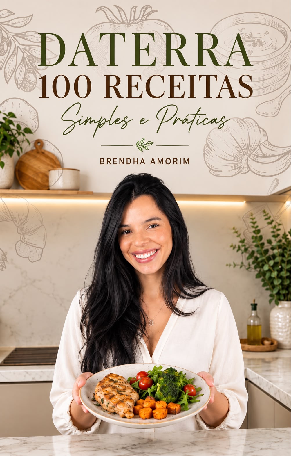 Brendha Amorim segurando um prato saudável na cozinha